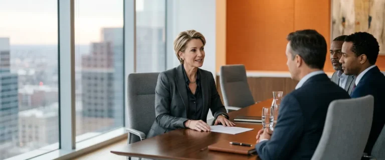 CISO candidate seated across a boardroom table from three members of a hiring panel during a 2026 executive interview