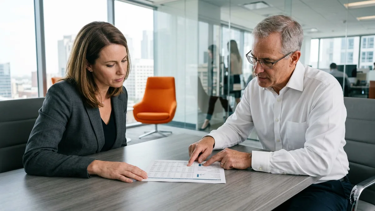 CFO and CISO candidate reviewing a printed one-page security budget together in a glass-walled office