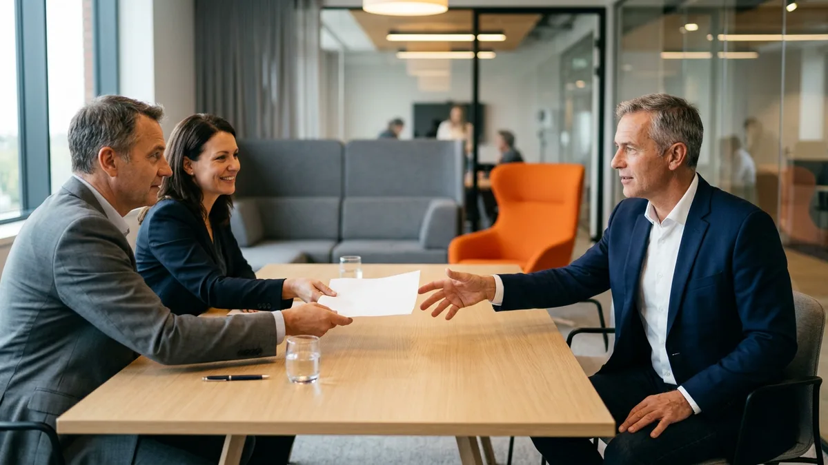 Hiring panel sliding a printed one-page incident summary across a conference table to a CISO candidate