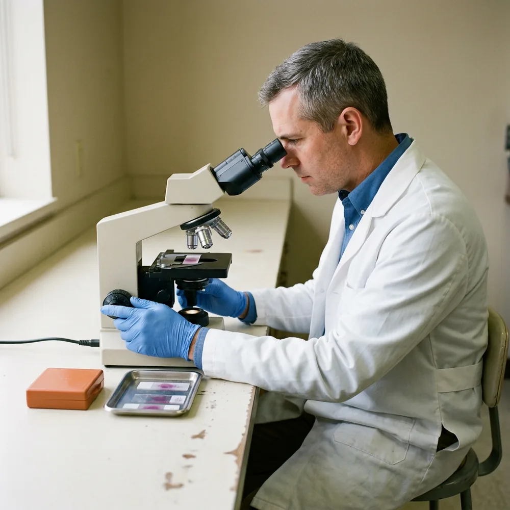Clinical laboratory technologist in gloves examining a stained blood smear slide at a microscope in a hospital hematology lab