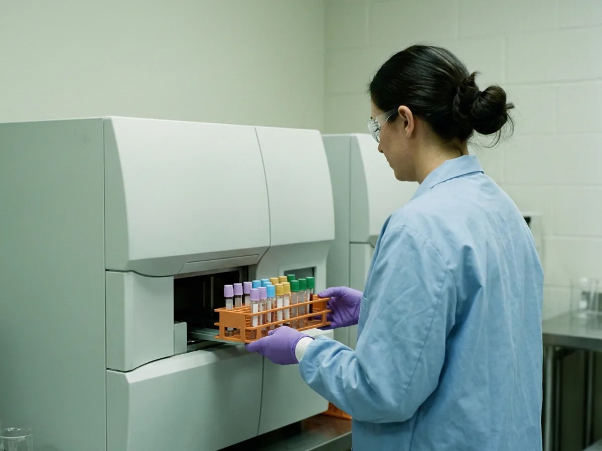 Medical laboratory scientist loading a rack of color-capped blood specimen tubes into an automated analyzer in a hospital core laboratory