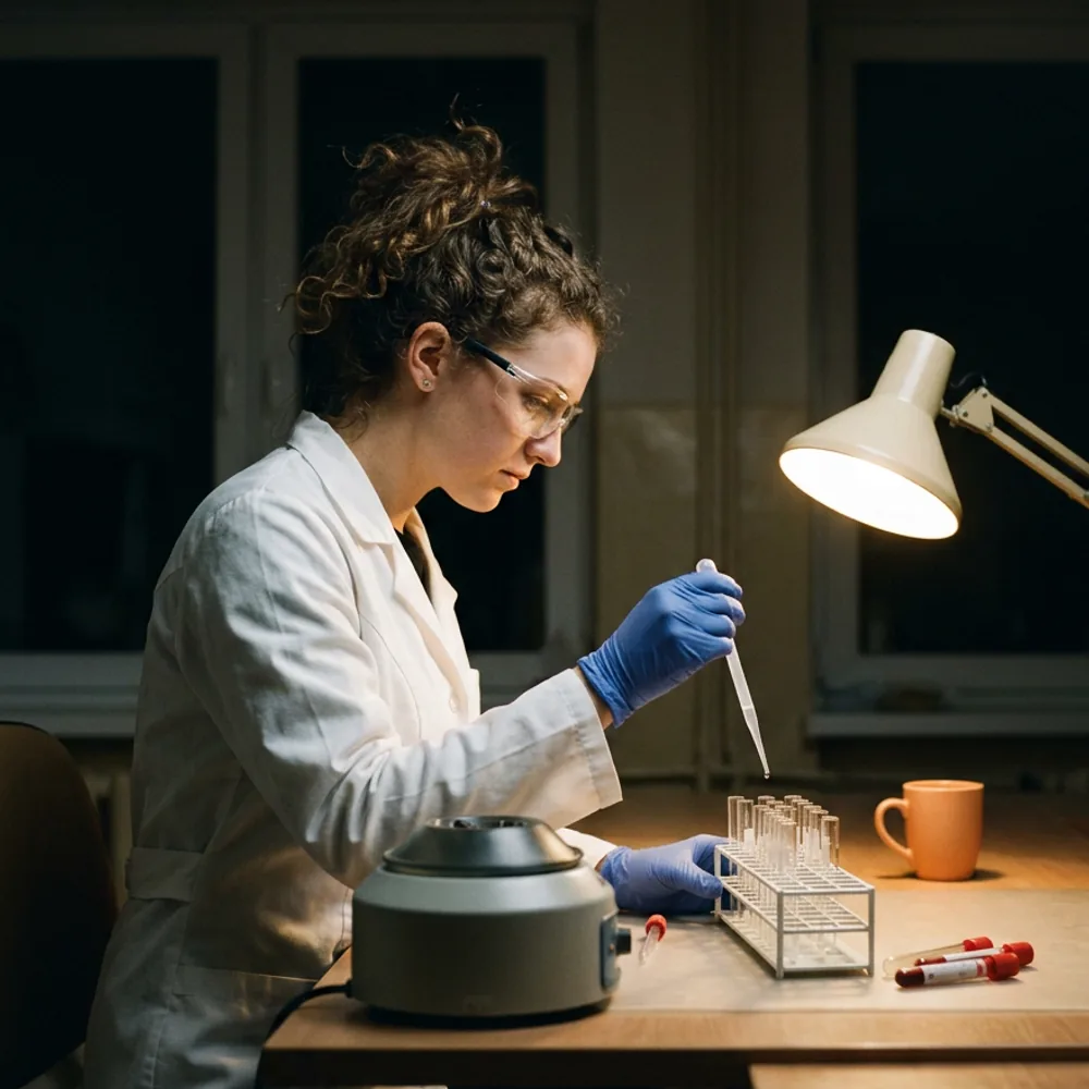 Laboratory technologist on a night shift performing manual blood typing in small glass test tubes at a hospital blood bank bench