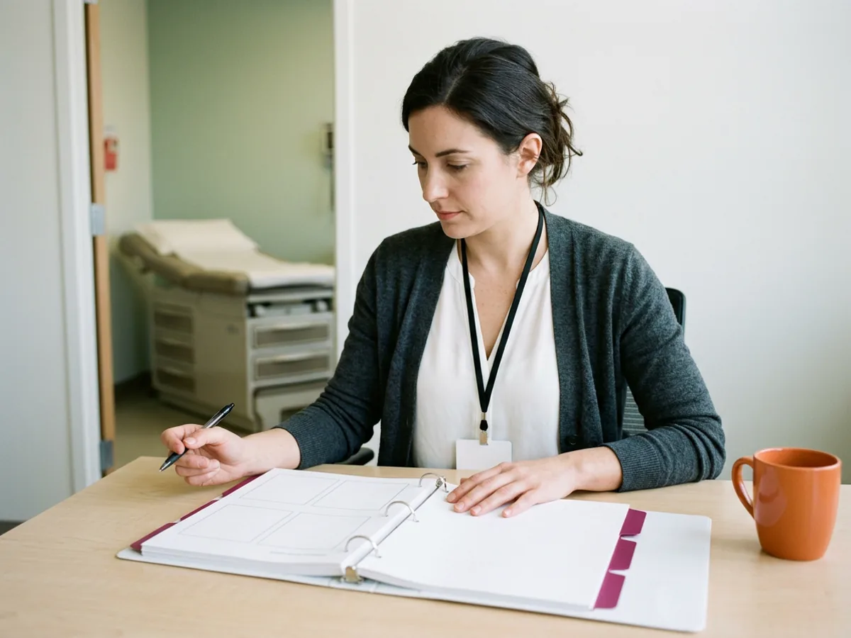 Clinical research coordinator at a hospital research office desk with a pen over an open study binder with magenta tabs, an exam room visible through the doorway