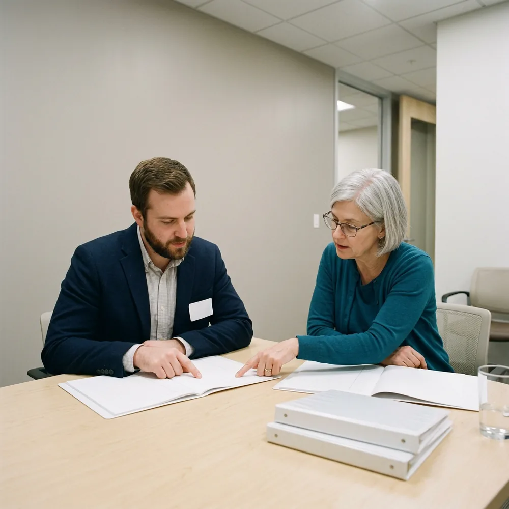Clinical research associate in a navy blazer comparing two open folders with a site research coordinator who points to a line during a monitoring visit