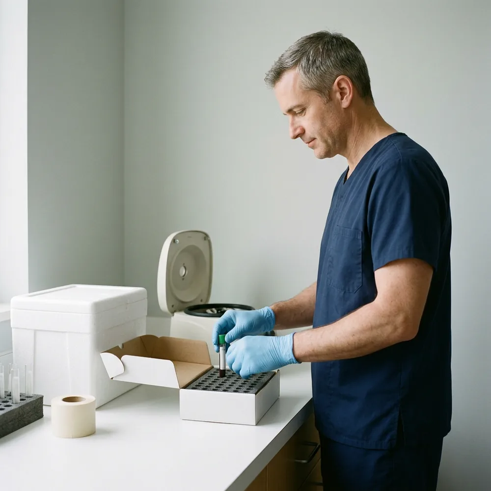Research nurse in navy scrubs and blue nitrile gloves placing a blood collection tube into a study kit box beside a benchtop centrifuge at a clinical research unit
