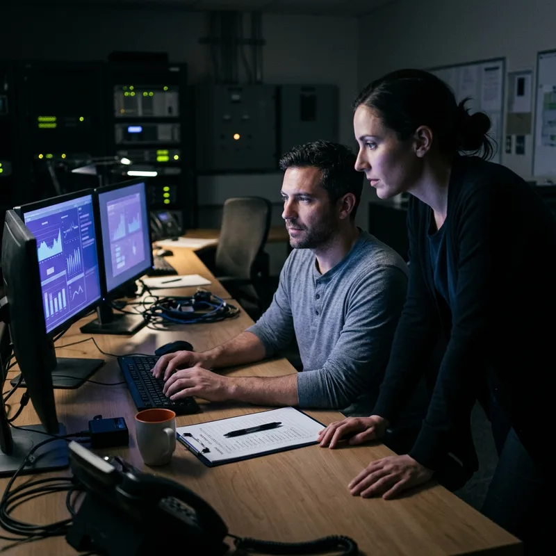 Two engineers at a monitoring console during an overnight cutover window, checking a rollback checklist