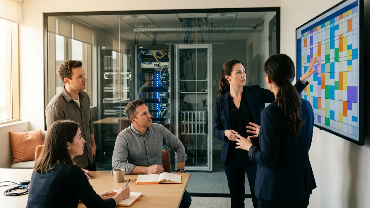 A KORE1 project team reviewing a cloud migration wave plan on a wall display beside a partly emptied server rack