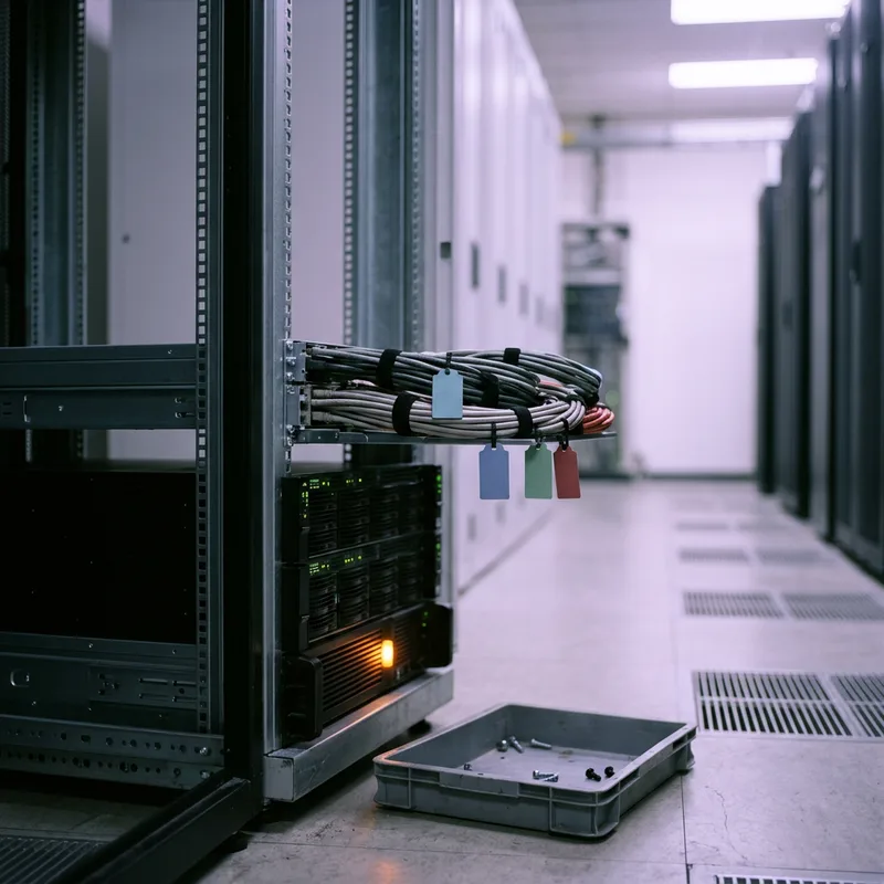 A half-decommissioned server rack with cabling pulled back and labelled trays, mid data center exit