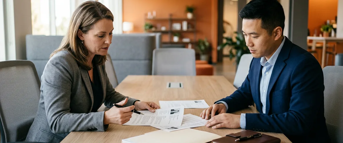 Hiring manager and recruiter reviewing a printed cloud security engineer job description at a conference table