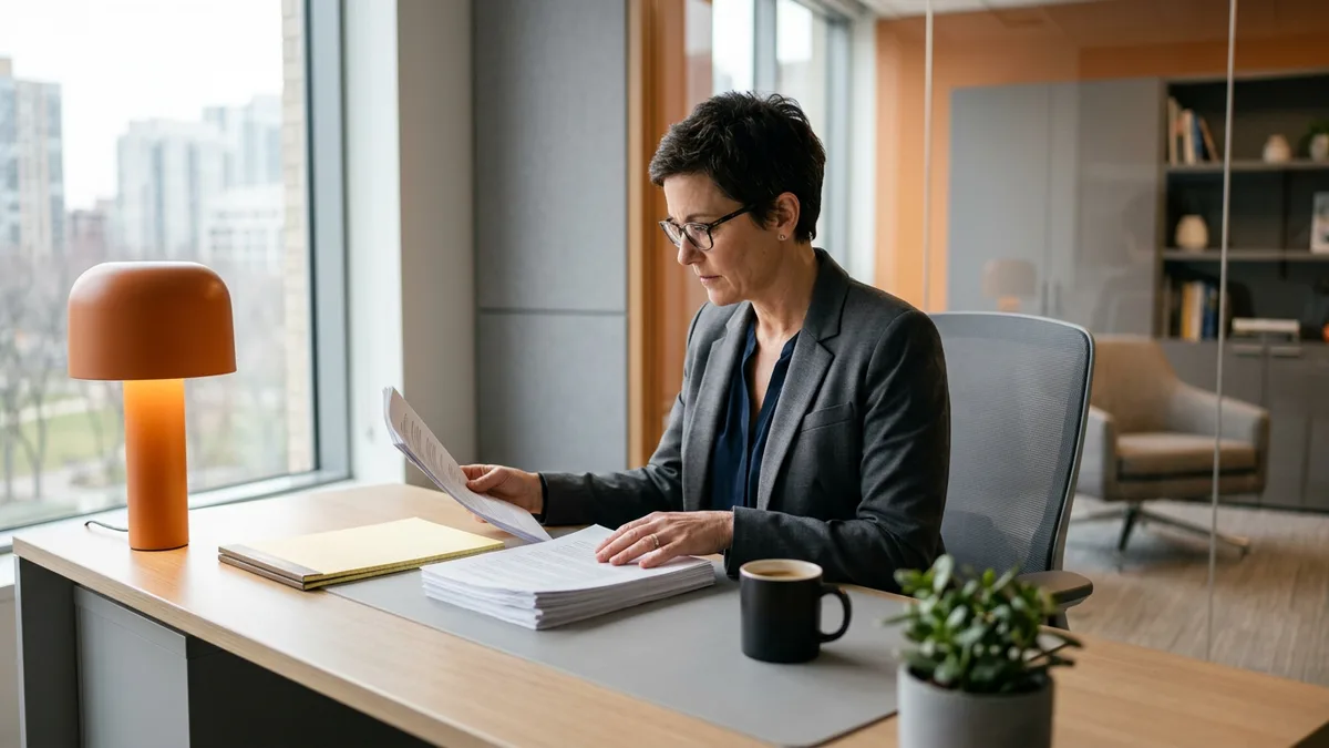 Hiring manager reading a printed cloud security engineer job posting at a desk with a legal pad and orange desk lamp