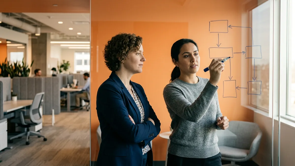 Two cloud security engineers sketching a cloud architecture diagram on a glass whiteboard in an open-plan office