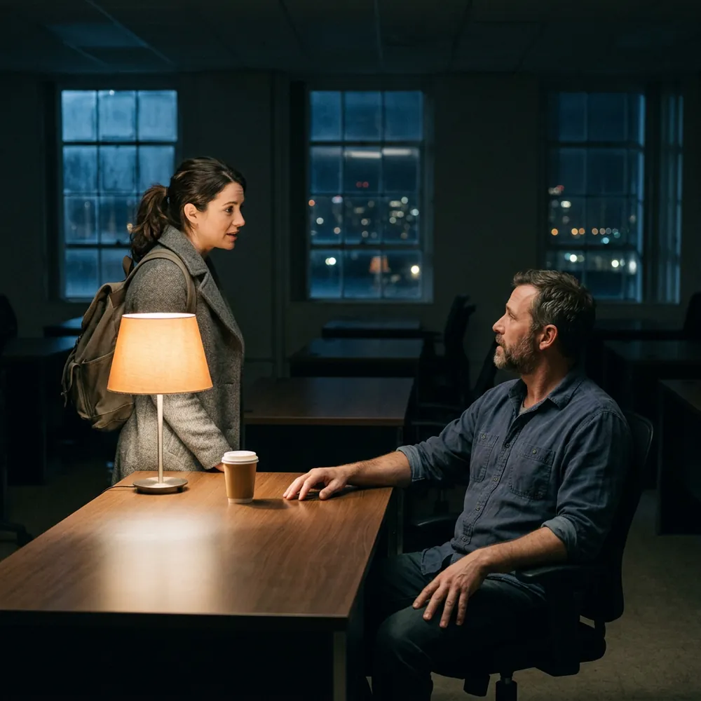 Cloud security engineer leaving a darkened open-plan office late at night while a colleague stays seated at a clean desk under a lamp