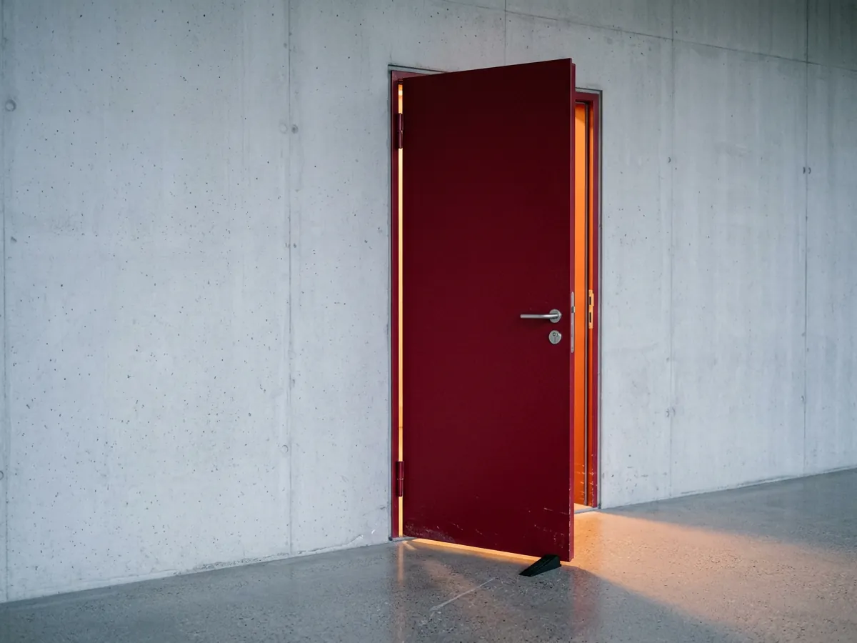 Crimson steel service door standing ajar in a pale concrete wall with warm orange light spilling through the gap