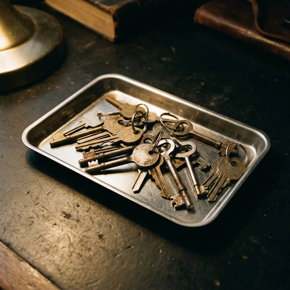 Shallow steel tray holding a pile of retired metal keys with smooth blank heads under a single desk lamp