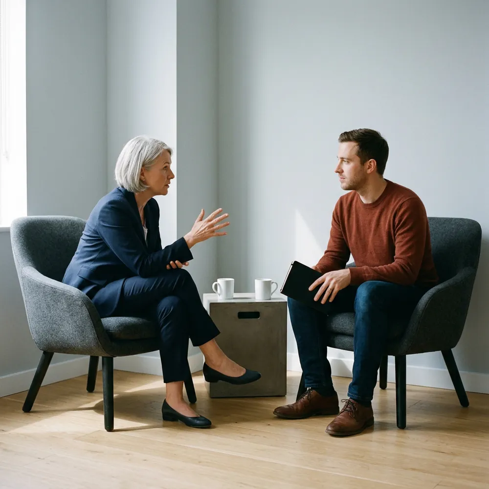 Security leader and a recruiter talking in two low lounge chairs in a quiet office corner, one holding a closed notebook