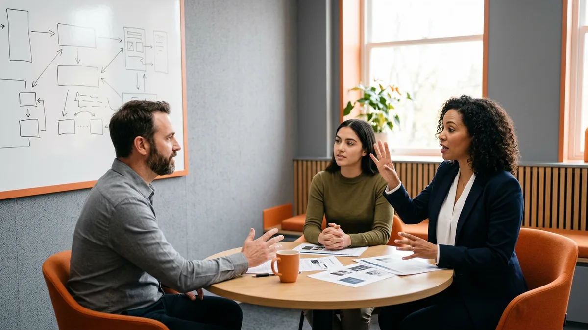 Three colleagues discussing cloud security engineer hiring requirements in a meeting room with a whiteboard diagram