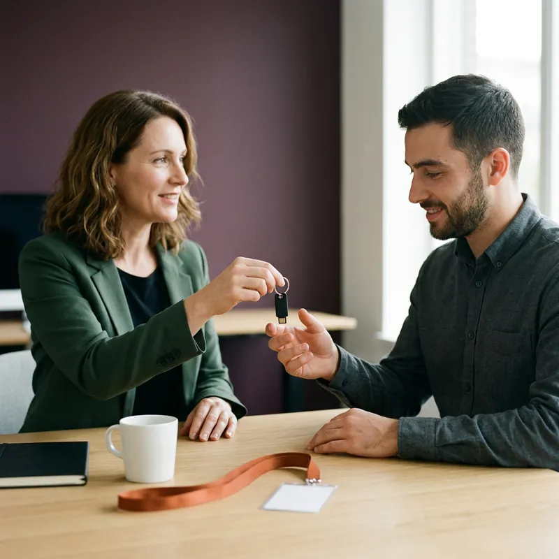 Platform lead handing a hardware security key to a newly augmented cloud engineer on the first day