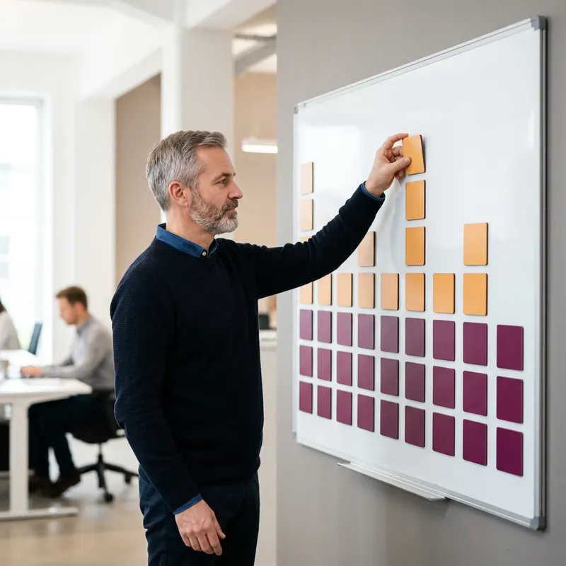 Engineering manager arranging plum and orange planning tiles on a whiteboard to map a year of cloud team capacity