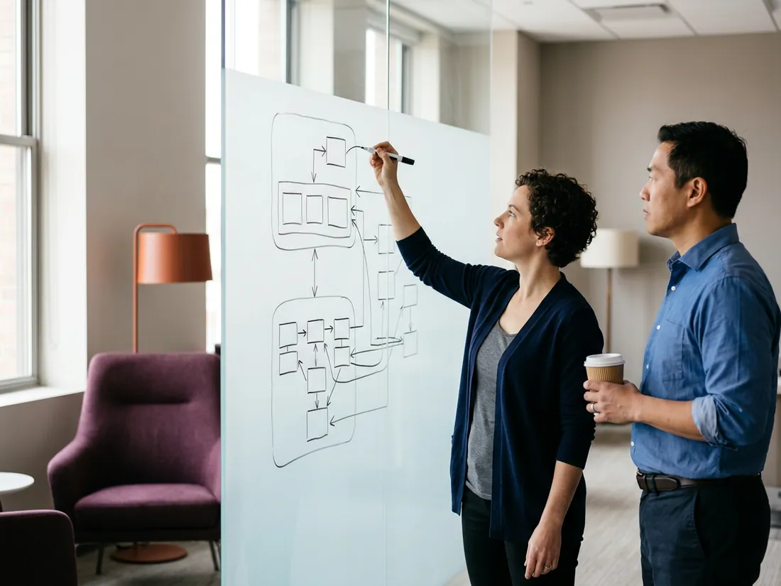 Cloud platform engineers sketching an account and region layout on a glass wall while planning extra contract capacity