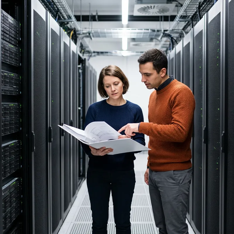 Two cloud engineers reviewing a printed runbook together in a data center aisle