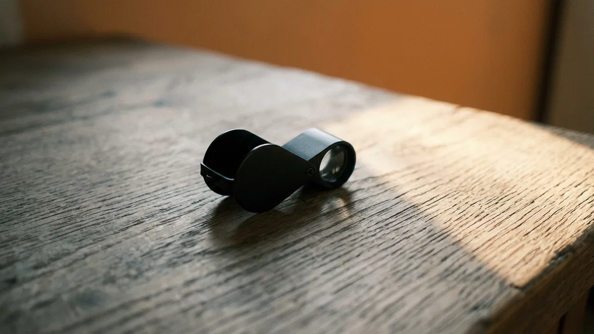 Jeweler loupe resting on a bare oak table, representing full collateral verification instead of sampling