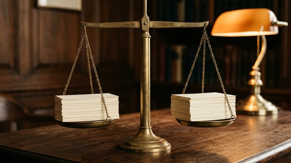 Brass balance scale holding two equal stacks of blank index cards under an orange desk lamp, representing evidence reconciled against an independent count