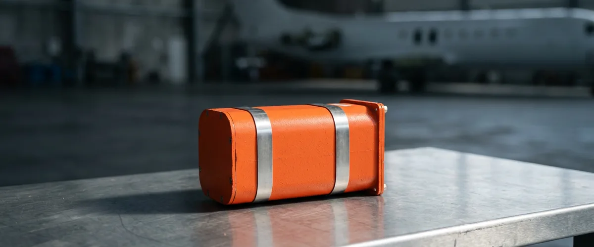 Bright orange flight data recorder resting on a steel workbench in an aircraft hangar, a stand-in for systems that record their own evidence as they run
