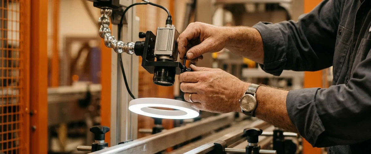 Machine vision inspection camera and white ring light mounted above a stainless steel conveyor on a packaging line