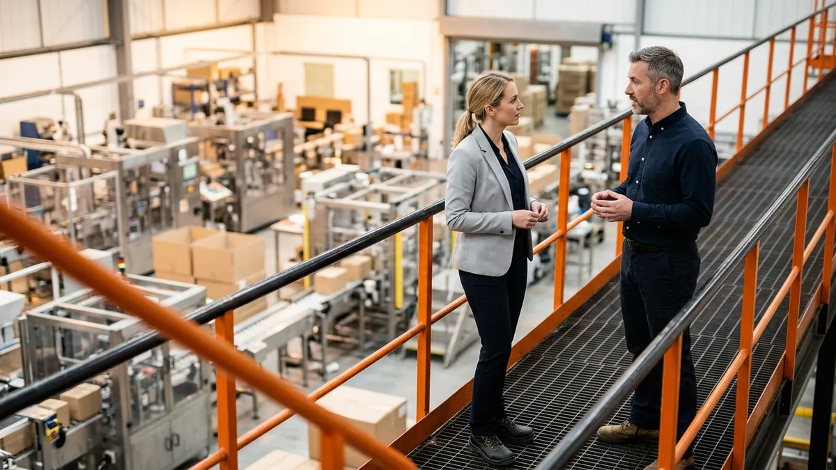 Hiring manager and engineer talking on a mezzanine walkway above a packaging production line