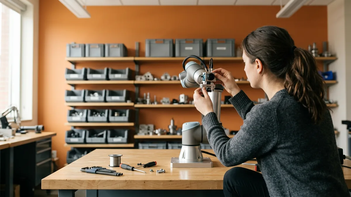 Engineer mounting a compact vision camera to the end of an industrial robot arm in an engineering lab