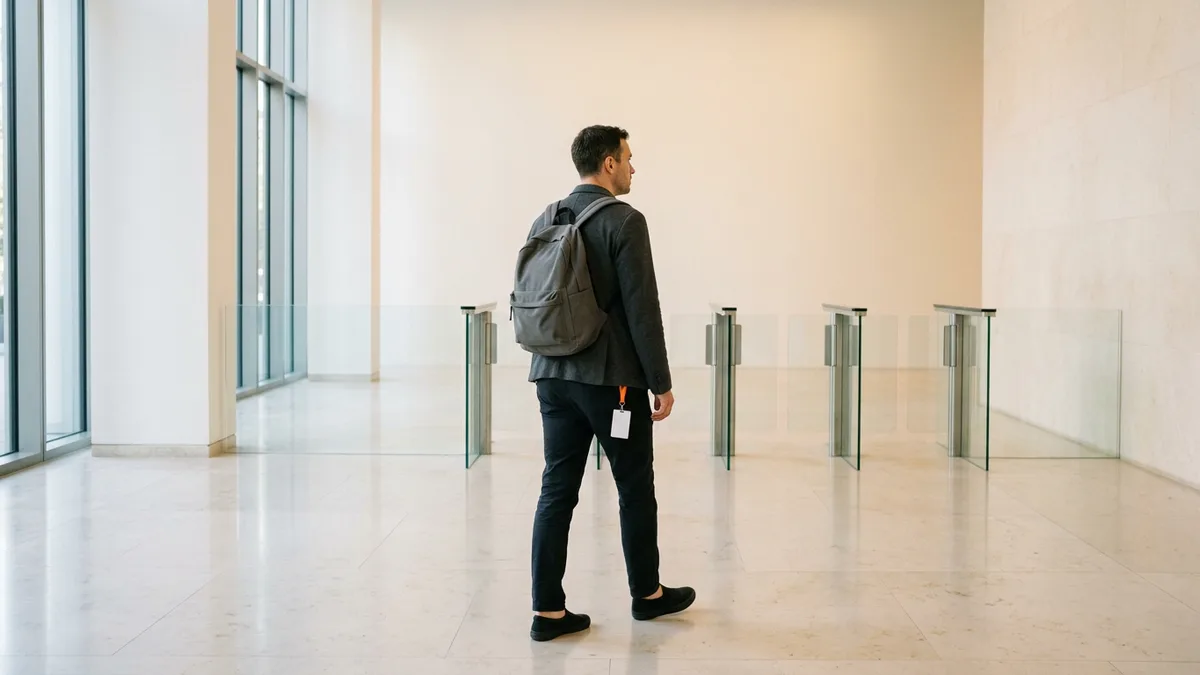 Contract engineer with a blank badge on an orange lanyard walking toward lobby security gates on day one