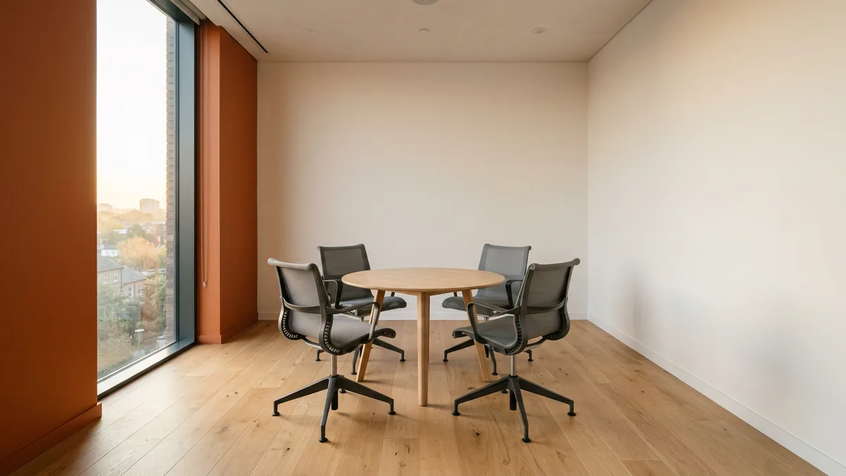 Empty meeting room with four chairs around a round oak table and an orange accent wall in morning light