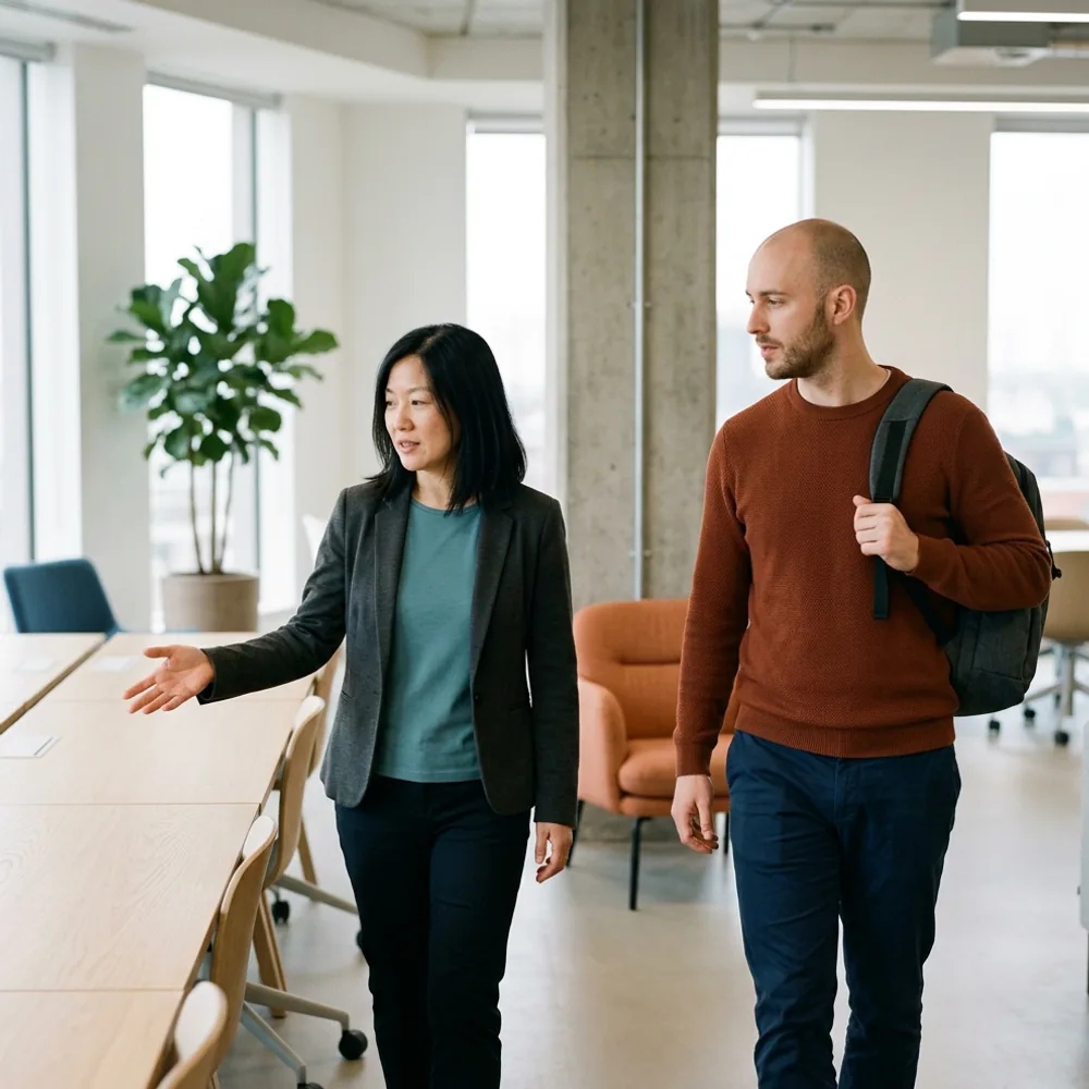 Engineering manager walking a newly arrived contract engineer with a backpack through an open office toward his desk, the first morning of a contingent staffing assignment