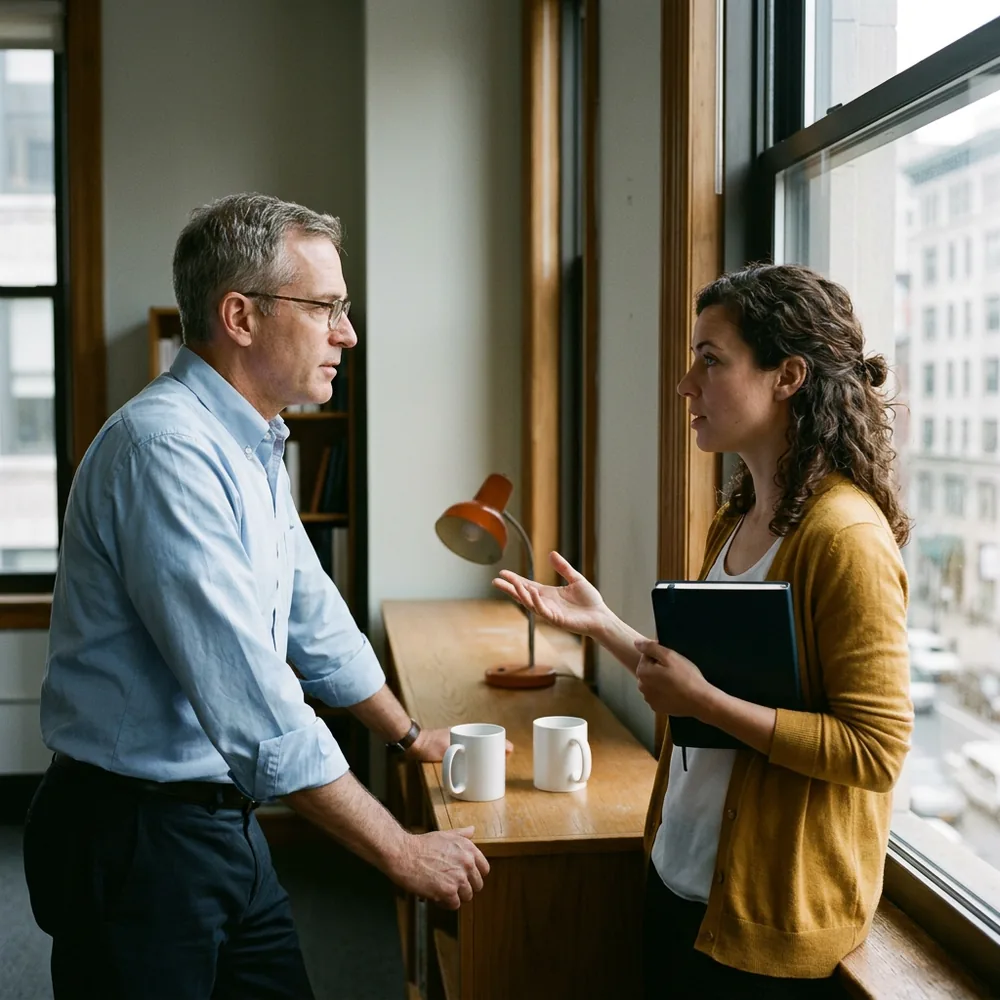 Hiring manager and a KORE1 recruiter talking at a tall window ledge in a bright office, one holding a closed notebook, planning a contingent hire without an MSP program