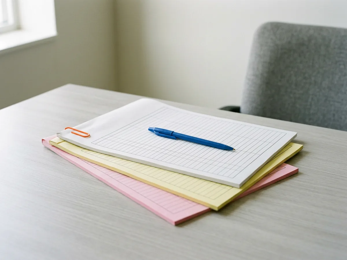 Three-part carbonless forms stacked on a desk so the white, canary and pink copies all show, with a blue pen on top, the paperwork behind contingent staffing services