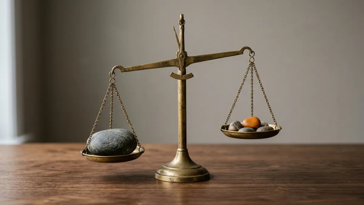Antique brass balance scale with one large stone outweighing a pan of small pebbles on a walnut desk