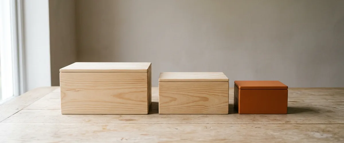 Three wooden boxes of decreasing size on an oak table, the smallest painted orange