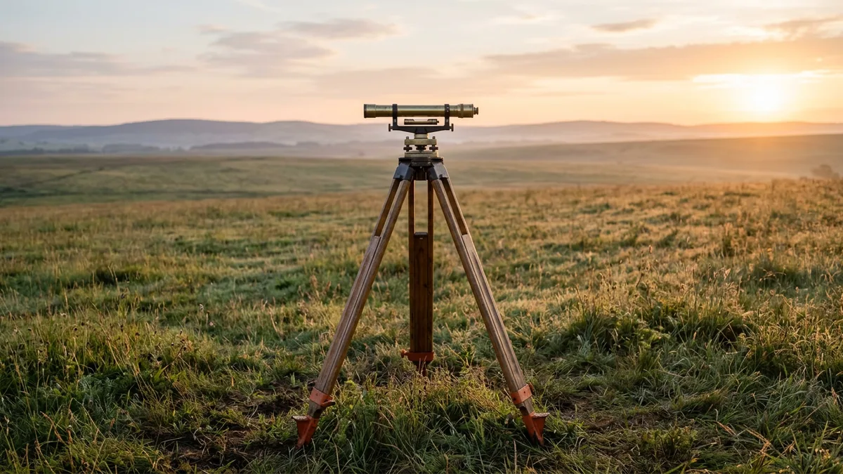 Brass surveyor level on a wooden tripod standing in an open field at sunrise