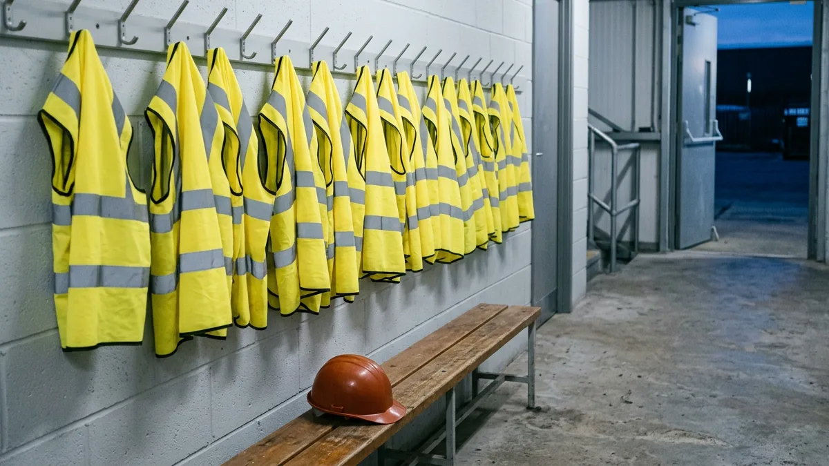 High-visibility safety vests on hooks in a warehouse corridor with an orange hard hat on a bench