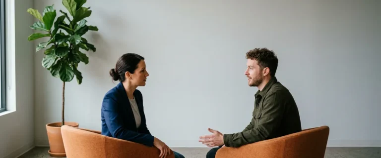 Hiring manager interviewing a contract software developer in a quiet office seating area