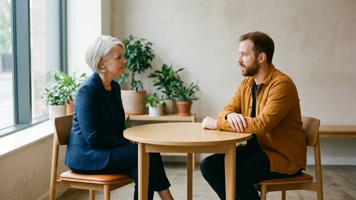 Credit union executive and contract analytics engineer discussing a rewritten scope for a data engagement