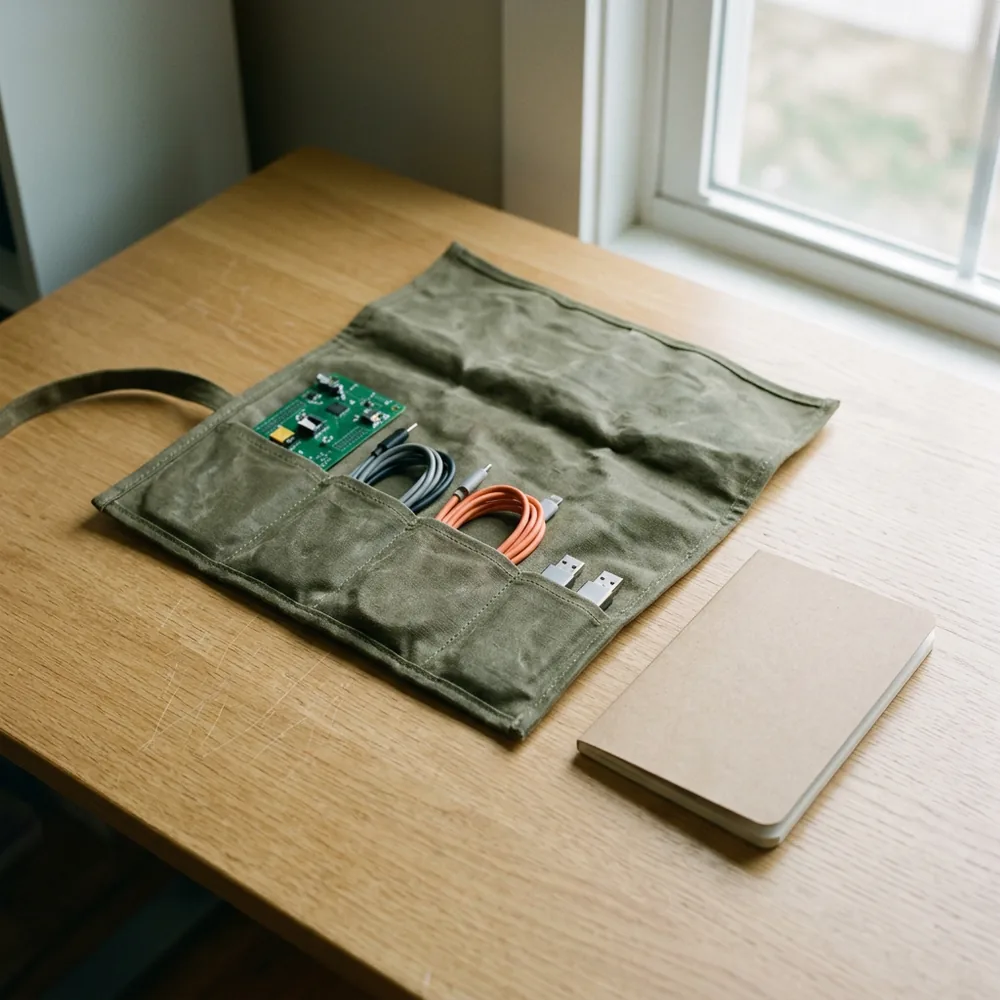 An open canvas tool roll on a light oak desk holding a small bare circuit board, coiled cables and two unmarked USB drives, the kit a contract engineer brings in