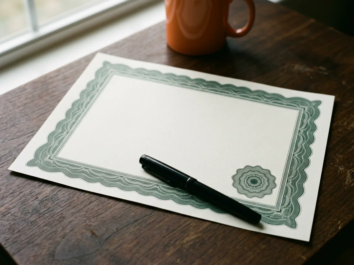 A blank certificate sheet with an engraved green guilloche border and rosette on a dark walnut desk, a capped black fountain pen resting across it