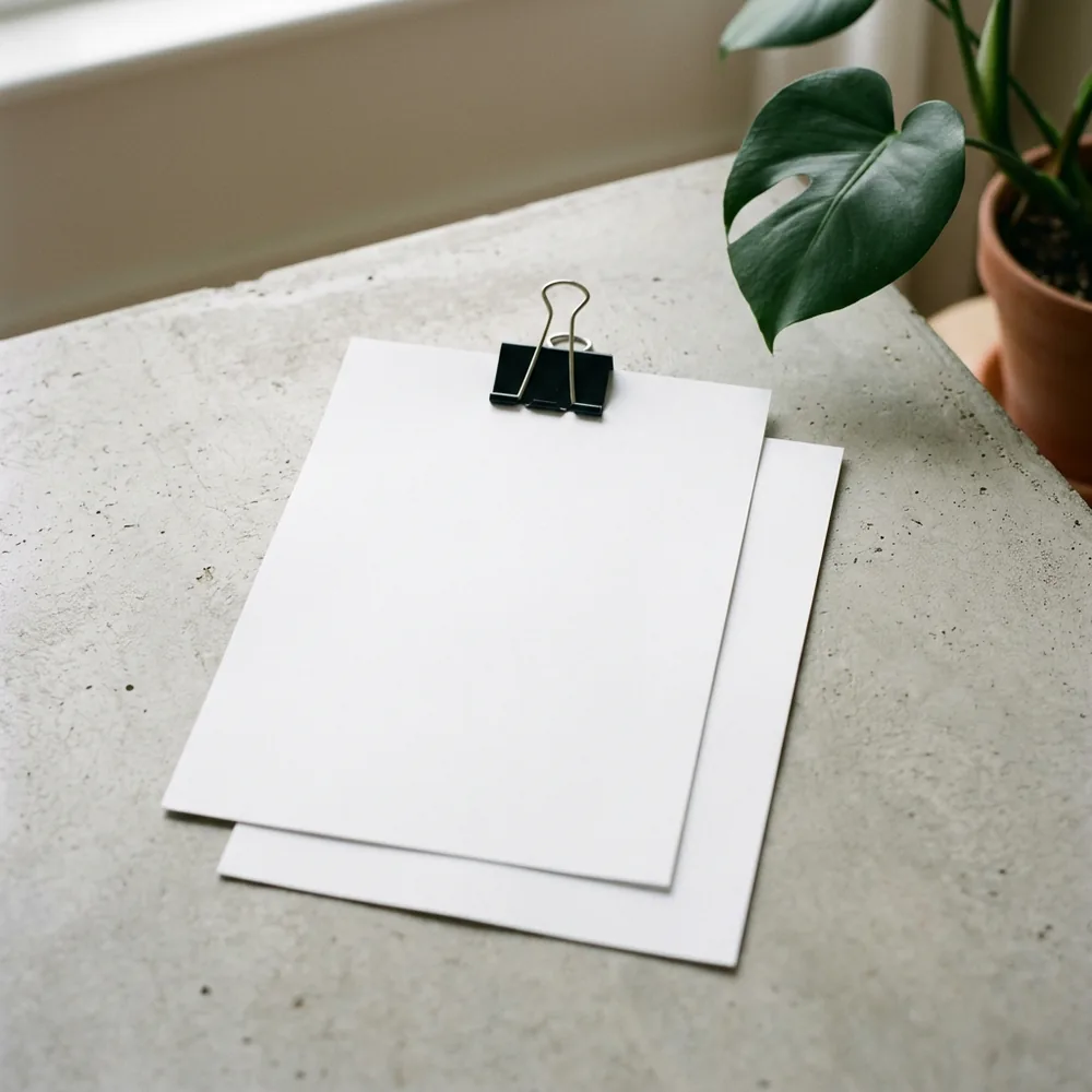 Two blank sheets of paper stacked and offset on a pale concrete table, a black binder clip on the top edge and a potted plant at the corner