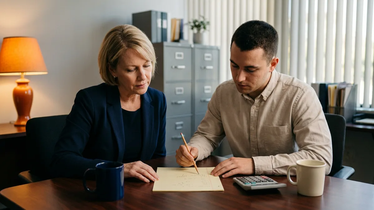 Finance manager and procurement analyst working through contract staffing bill rate and markup math at a desk