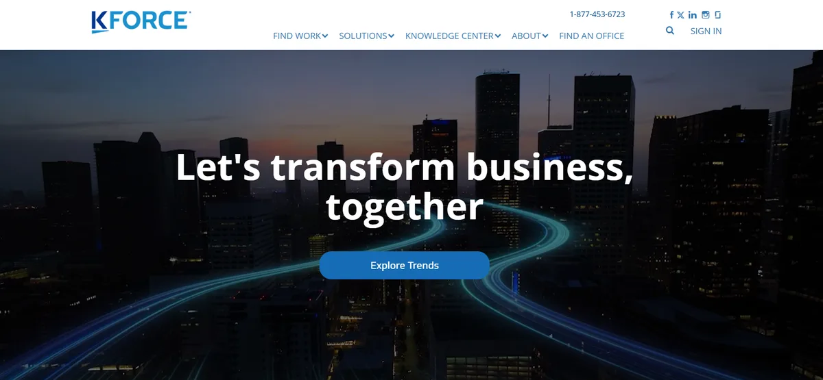 Kforce contract staffing company homepage for finance and technology contract roles 2026