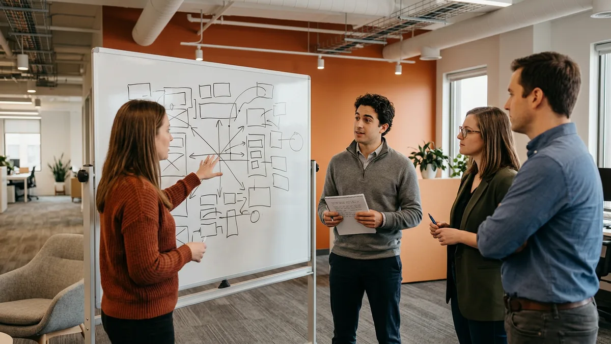Contract professional joining a client project team standup at a whiteboard on the first week of an assignment