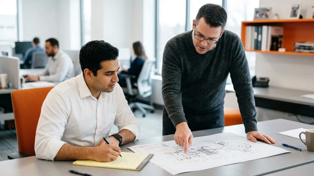 Engineering manager directing a contract workers daily tasks over a printed technical drawing at a workstation
