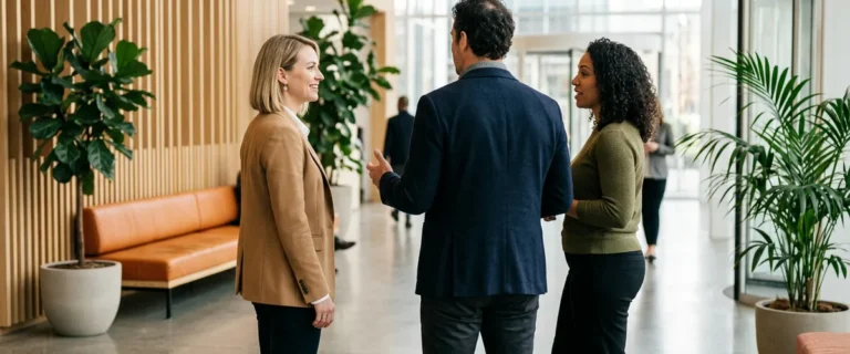 Three business professionals discussing contract staffing, staff augmentation, and temporary staffing options in an office lobby