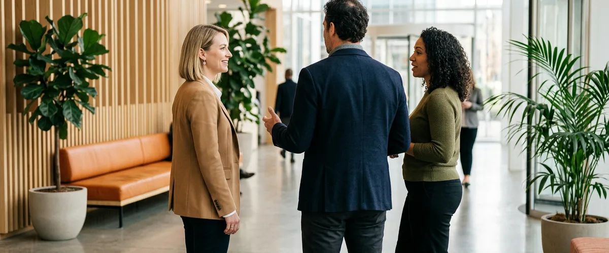 Three business professionals discussing contract staffing, staff augmentation, and temporary staffing options in an office lobby
